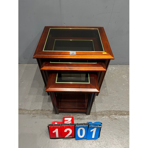 1201 - Nest of 3 glass top mahogany tables