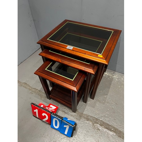 1201 - Nest of 3 glass top mahogany tables