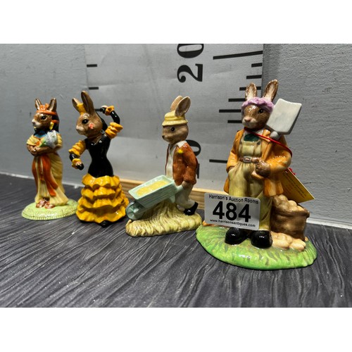 484 - 4 Royal Doulton  Bunnykins figures Flamenco ,land girl ,gardener, Ankhesenamun