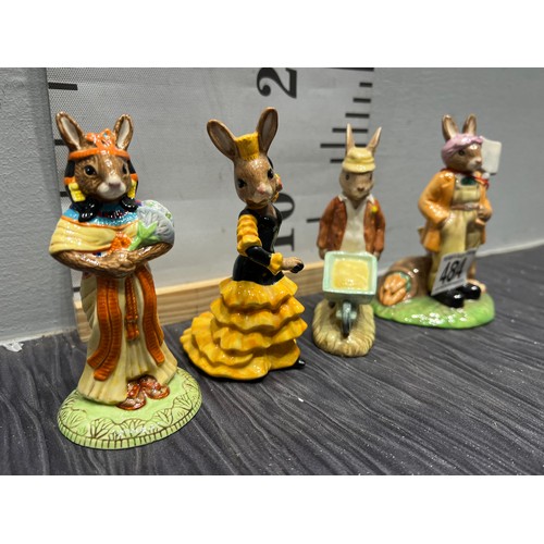 484 - 4 Royal Doulton  Bunnykins figures Flamenco ,land girl ,gardener, Ankhesenamun