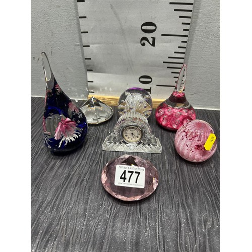 477 - Waterford crystal miniature clock + 6 paperweights