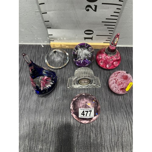 477 - Waterford crystal miniature clock + 6 paperweights