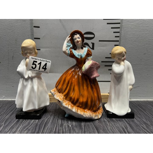 514 - 1 Vintage coalport figure + 2 Royal Doulton figures