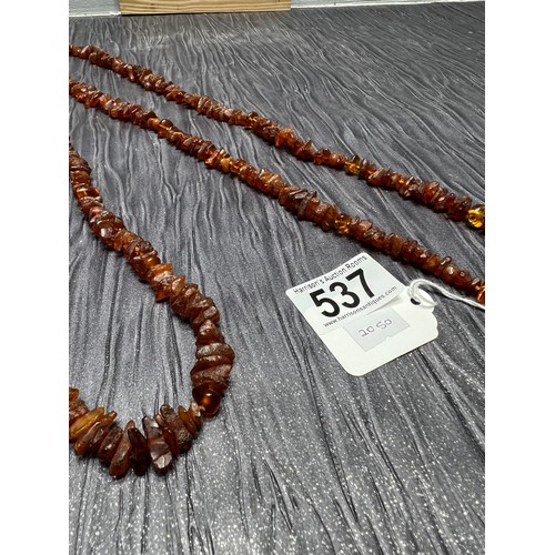 537 - 3 Baltic amber beaded necklaces with 9ct gold clasps