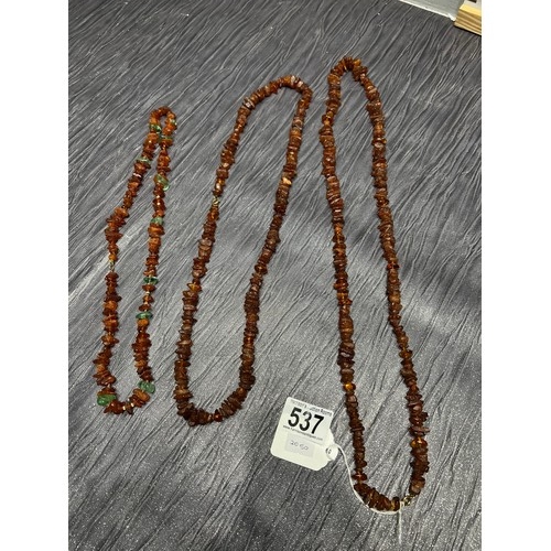 537 - 3 Baltic amber beaded necklaces with 9ct gold clasps