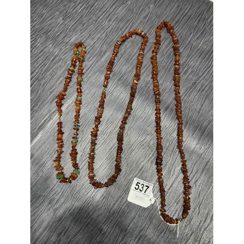 537 - 3 Baltic amber beaded necklaces with 9ct gold clasps