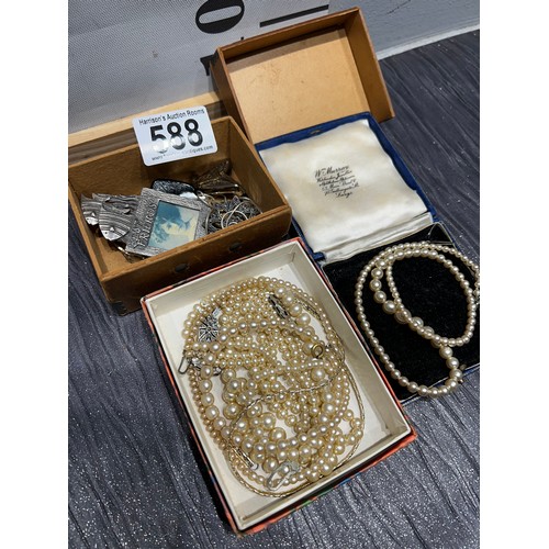 588 - 2 boxes pearl necklaces + box vintage brooches etc