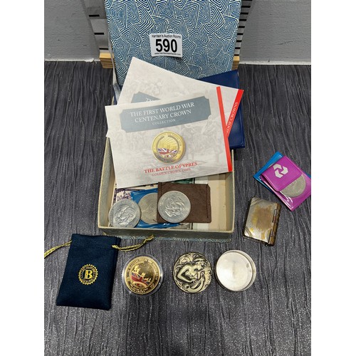 590 - Box coins ,stamps pill boxes etc