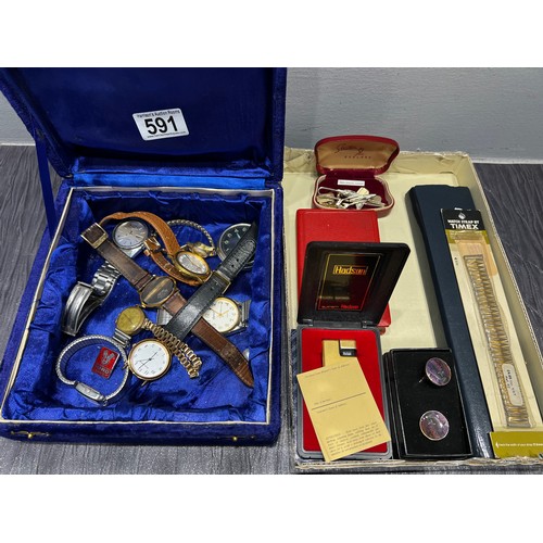 591 - Box watches + box of collectables