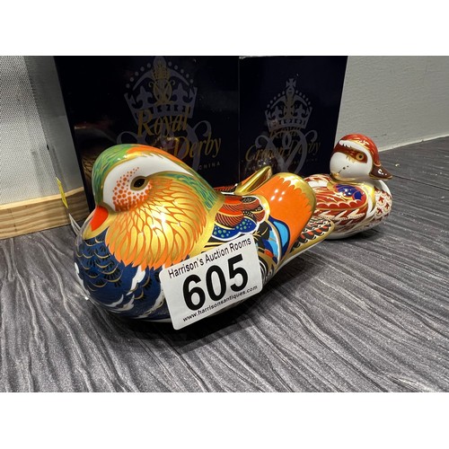 605 - 2 Royal crown Derby paperweights Mandarin  Duck ,Duckling boxed