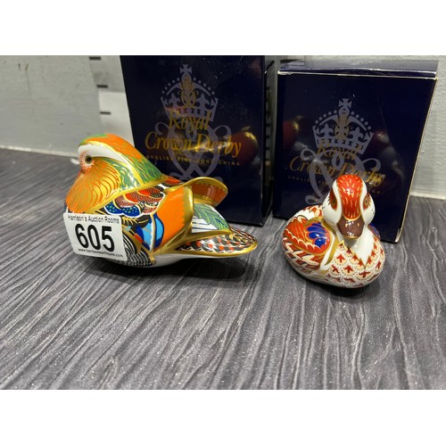 605 - 2 Royal crown Derby paperweights Mandarin  Duck ,Duckling boxed