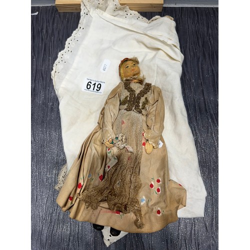 619 - Paper Mache Victorian doll+ Victorian lace doily