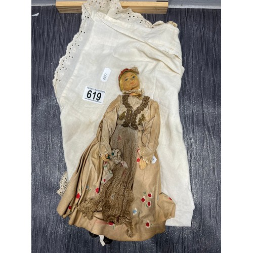 619 - Paper Mache Victorian doll+ Victorian lace doily