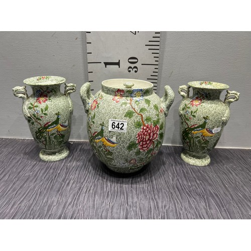 642 - Copeland Spode 3 piece Garniture set Peacock pattern