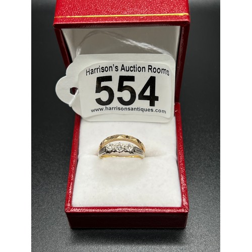 554 - 18ct 3 stone Diamond ring 2.2g gross+ 9ct gold eternity ring 1.3g gross Size J/K box not included