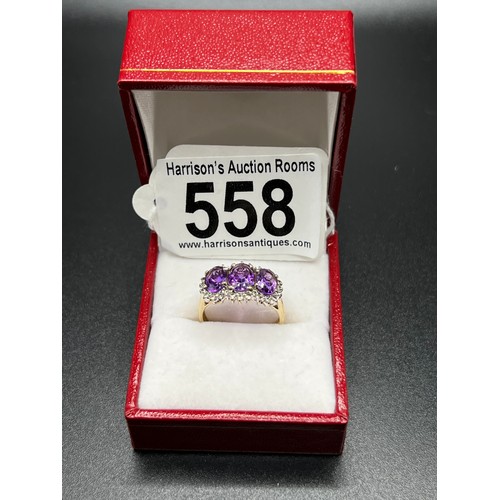 558 - 9ct gold Amethyst & Diamond ring Size M 3.2g gross