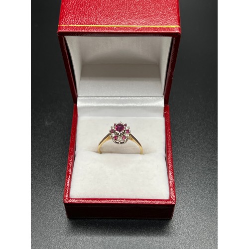 561 - 9ct gold Oval cluster ruby's & Diamonds ring 2.1g gross Size P