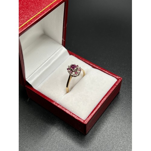 561 - 9ct gold Oval cluster ruby's & Diamonds ring 2.1g gross Size P