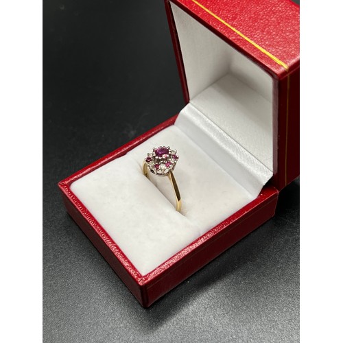 561 - 9ct gold Oval cluster ruby's & Diamonds ring 2.1g gross Size P