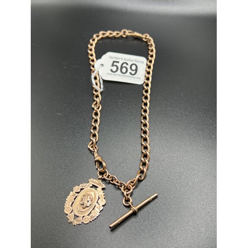 569 - Heavy 9ct rose gold Double Albert chain with shield 51 grams