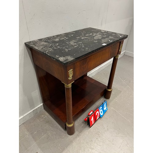 1264 - Regency style mahogany marble top console table with gilt ormolu mounts needs tlc