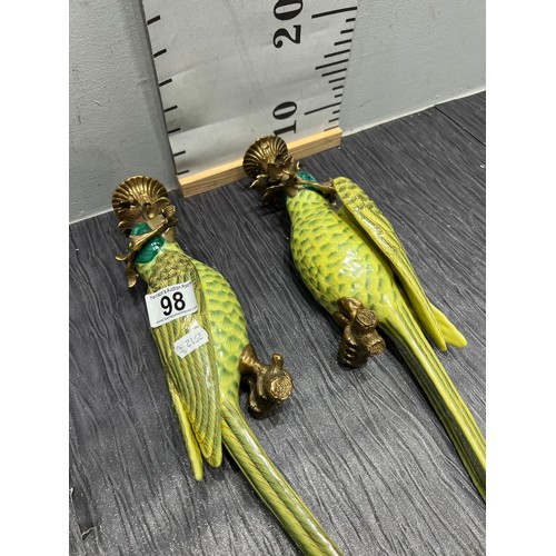 98 - Pair green porcelain parrot wall sconces