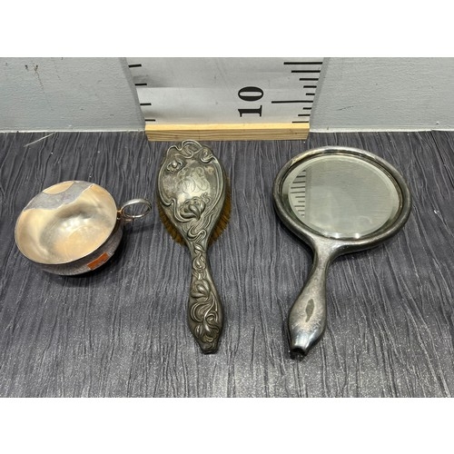 92 - Vintage nouveau mirror & brush + silver plated moustache cup