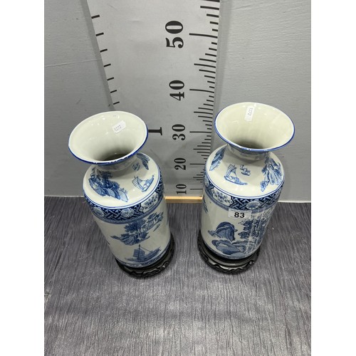 83 - 2 Blue & white kang-hi oriental pattern vases on wood plynths