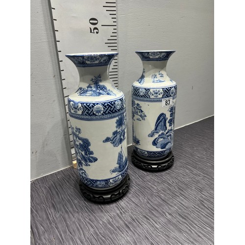 83 - 2 Blue & white kang-hi oriental pattern vases on wood plynths