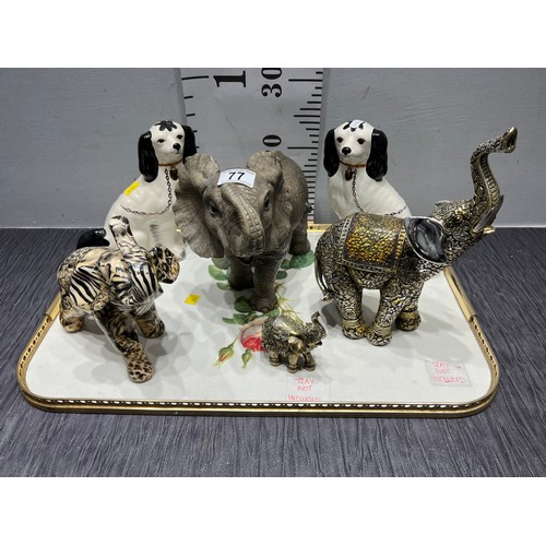 77 - Tray elephants + pair staffordshire dogs