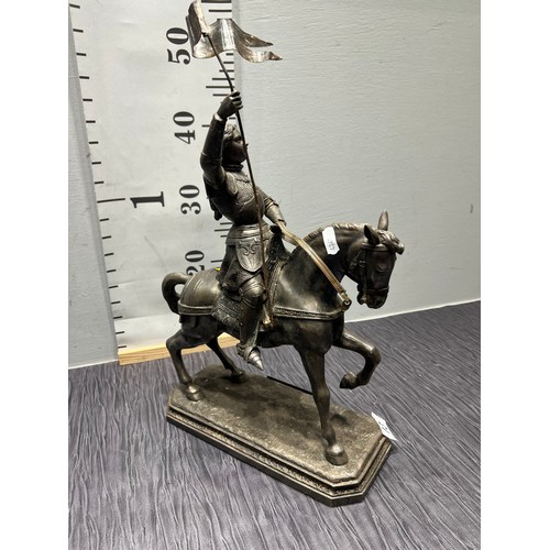 13 - Metal statue Joan of ark on horse back with flag