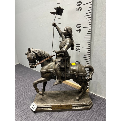 13 - Metal statue Joan of ark on horse back with flag