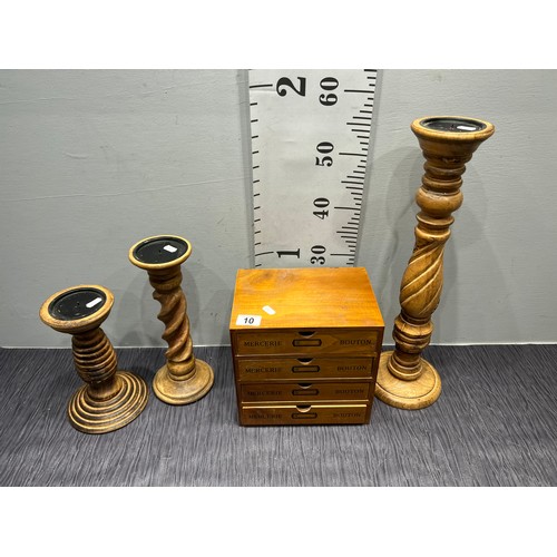 10 - Small wooden chest drawers + 3 wooden candle holders