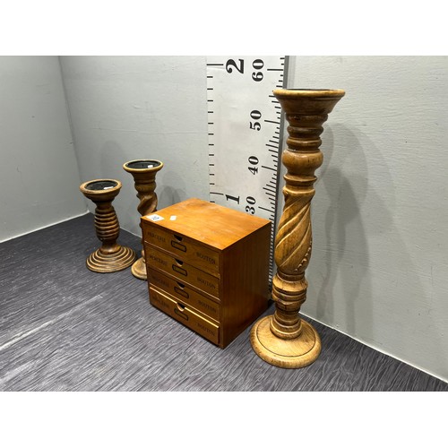 10 - Small wooden chest drawers + 3 wooden candle holders