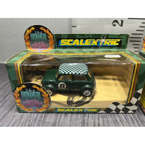 164 - Scalextric hornby green BRM racing car + scalextric hornby green mini cooper both boxed