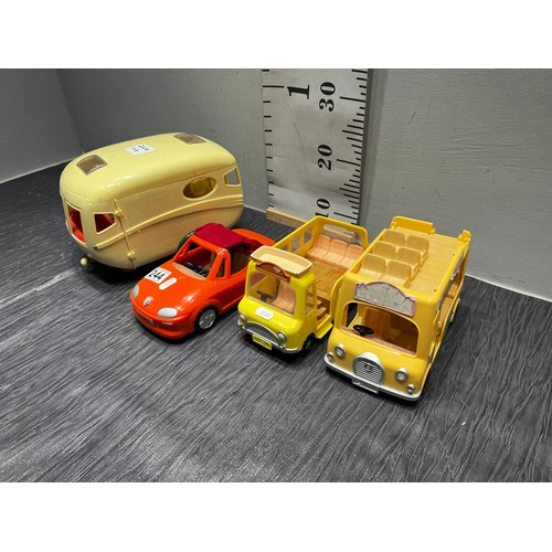 244 - 4 Sylvanian family car, caravan, bus, campervan