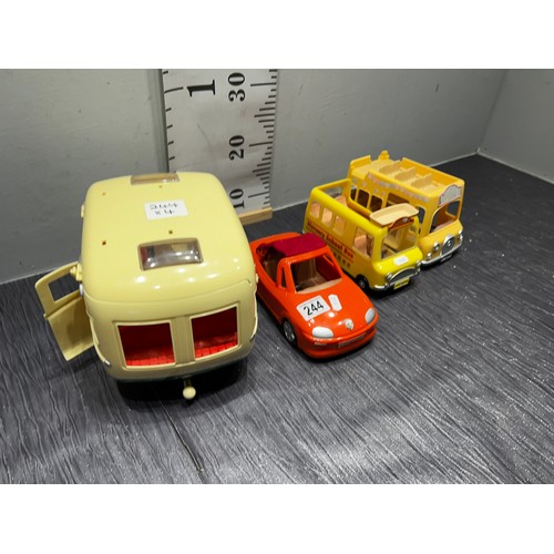 244 - 4 Sylvanian family car, caravan, bus, campervan