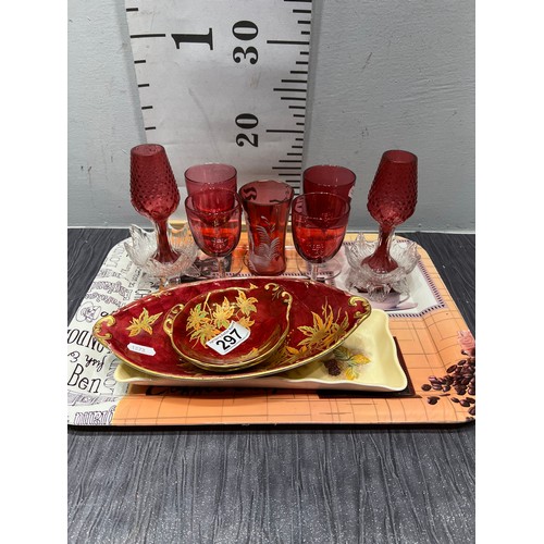 297 - Maling dishes, aynsley fruit design dish, cranberry glass