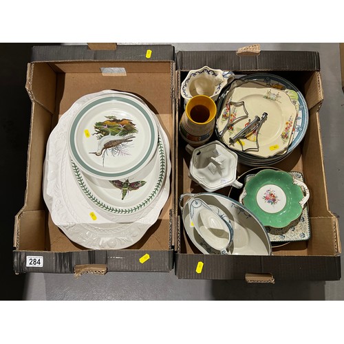 284 - 2 Boxes pottery, large meat platter, port merion, coalport, doulton, etc