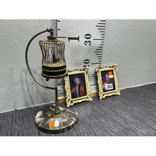 360 - Pair miniature portrait pictures + bird cage a/f