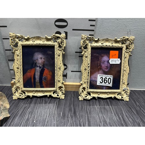 360 - Pair miniature portrait pictures + bird cage a/f