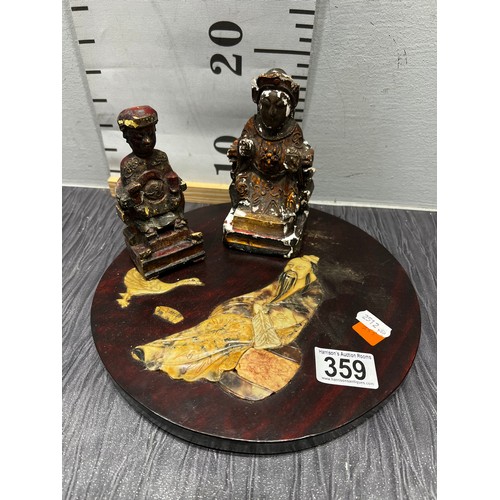 359 - 2 Small Chinese wood figures + hard stone Chinese plaque