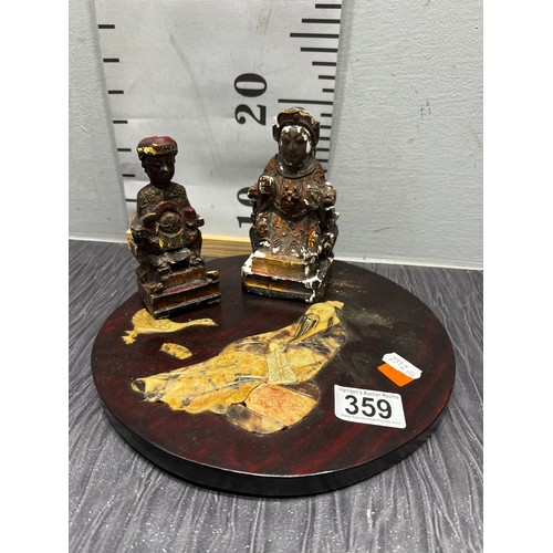 359 - 2 Small Chinese wood figures + hard stone Chinese plaque