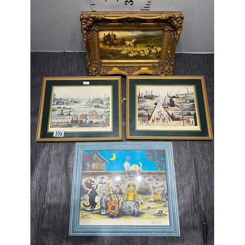 339 - Singed picture 3/10 B.Bareham + 2 Lowery prints + gilt framed oil on canvas