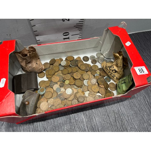 88 - Box old coins, pennies, two shillings, cartwheel penny etc