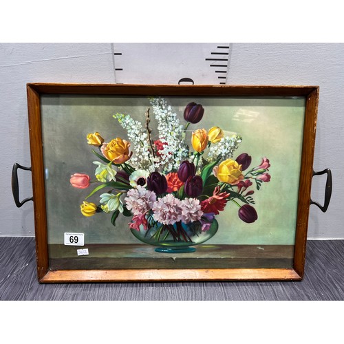 69 - Wood tray with still life picture under glass signed wilf walter