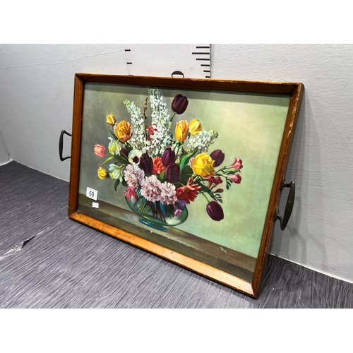 69 - Wood tray with still life picture under glass signed wilf walter