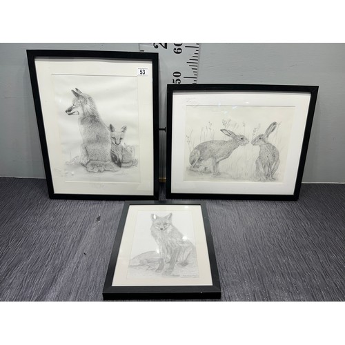 53 - 3 original art works, foxes + hare in frames