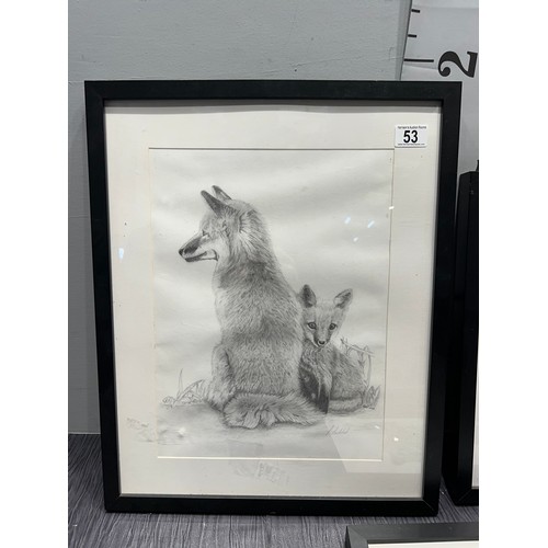 53 - 3 original art works, foxes + hare in frames