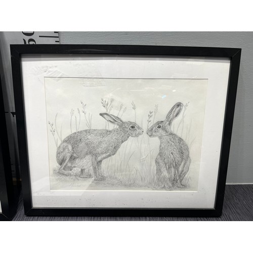 53 - 3 original art works, foxes + hare in frames